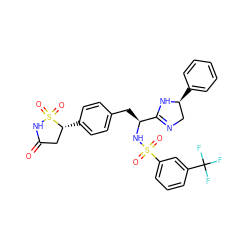 O=C1C[C@@H](c2ccc(C[C@H](NS(=O)(=O)c3cccc(C(F)(F)F)c3)C3=NC[C@H](c4ccccc4)N3)cc2)S(=O)(=O)N1 ZINC000028977494