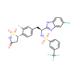 O=C1C[C@@H](c2ccc(C[C@H](NS(=O)(=O)c3cccc(C(F)(F)F)c3)c3nc4cc(Cl)ccc4[nH]3)cc2F)S(=O)(=O)N1 ZINC000036748832