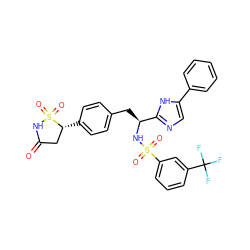 O=C1C[C@@H](c2ccc(C[C@H](NS(=O)(=O)c3cccc(C(F)(F)F)c3)c3ncc(-c4ccccc4)[nH]3)cc2)S(=O)(=O)N1 ZINC000028977758