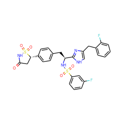 O=C1C[C@@H](c2ccc(C[C@H](NS(=O)(=O)c3cccc(F)c3)c3nc(Cc4ccccc4F)c[nH]3)cc2)S(=O)(=O)N1 ZINC000083749446