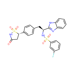 O=C1C[C@@H](c2ccc(C[C@H](NS(=O)(=O)c3cccc(F)c3)c3nc4ccccc4[nH]3)cc2)S(=O)(=O)N1 ZINC000014952932