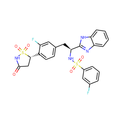 O=C1C[C@@H](c2ccc(C[C@H](NS(=O)(=O)c3cccc(F)c3)c3nc4ccccc4[nH]3)cc2F)S(=O)(=O)N1 ZINC000036088401