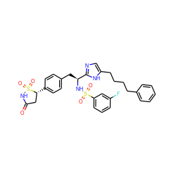 O=C1C[C@@H](c2ccc(C[C@H](NS(=O)(=O)c3cccc(F)c3)c3ncc(CCCCc4ccccc4)[nH]3)cc2)S(=O)(=O)N1 ZINC000028978086