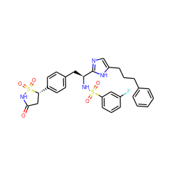 O=C1C[C@@H](c2ccc(C[C@H](NS(=O)(=O)c3cccc(F)c3)c3ncc(CCCc4ccccc4)[nH]3)cc2)S(=O)(=O)N1 ZINC000016052602