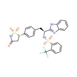 O=C1C[C@@H](c2ccc(C[C@H](NS(=O)(=O)c3ccccc3C(F)(F)F)c3nc4ccccc4[nH]3)cc2)S(=O)(=O)N1 ZINC000036088824