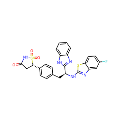 O=C1C[C@@H](c2ccc(C[C@H](Nc3nc4cc(F)ccc4s3)c3nc4ccccc4[nH]3)cc2)S(=O)(=O)N1 ZINC000014952827