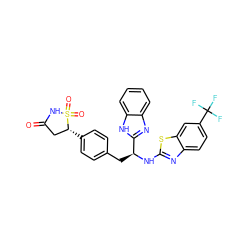 O=C1C[C@@H](c2ccc(C[C@H](Nc3nc4ccc(C(F)(F)F)cc4s3)c3nc4ccccc4[nH]3)cc2)S(=O)(=O)N1 ZINC000014952842