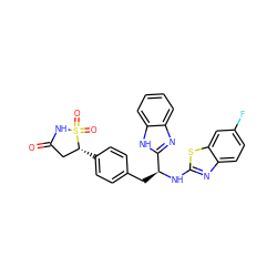 O=C1C[C@@H](c2ccc(C[C@H](Nc3nc4ccc(F)cc4s3)c3nc4ccccc4[nH]3)cc2)S(=O)(=O)N1 ZINC000014955190