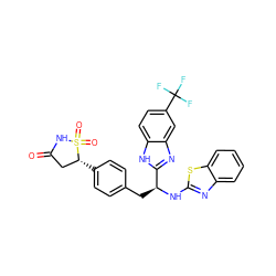 O=C1C[C@@H](c2ccc(C[C@H](Nc3nc4ccccc4s3)c3nc4cc(C(F)(F)F)ccc4[nH]3)cc2)S(=O)(=O)N1 ZINC000014955267