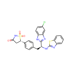 O=C1C[C@@H](c2ccc(C[C@H](Nc3nc4ccccc4s3)c3nc4cc(Cl)ccc4[nH]3)cc2)S(=O)(=O)N1 ZINC000014955274