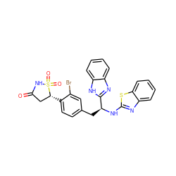 O=C1C[C@@H](c2ccc(C[C@H](Nc3nc4ccccc4s3)c3nc4ccccc4[nH]3)cc2Br)S(=O)(=O)N1 ZINC000014955307