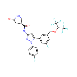 O=C1C[C@H](C(=O)Nc2cc(-c3cc(F)cc(COC(C(F)(F)F)C(F)(F)F)c3)n(-c3ccc(F)cc3)n2)CN1 ZINC000169707454