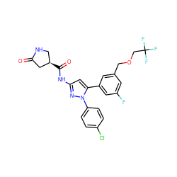 O=C1C[C@H](C(=O)Nc2cc(-c3cc(F)cc(COCC(F)(F)F)c3)n(-c3ccc(Cl)cc3)n2)CN1 ZINC000169707415