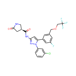 O=C1C[C@H](C(=O)Nc2cc(-c3cc(F)cc(COCC(F)(F)F)c3)n(-c3cccc(Cl)c3)n2)CN1 ZINC000169707414