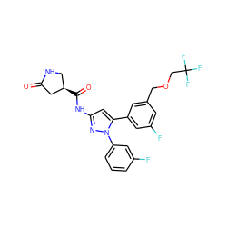 O=C1C[C@H](C(=O)Nc2cc(-c3cc(F)cc(COCC(F)(F)F)c3)n(-c3cccc(F)c3)n2)CN1 ZINC000169707423