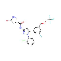 O=C1C[C@H](C(=O)Nc2cc(-c3cc(F)cc(COCC(F)(F)F)c3)n(-c3ccccc3Cl)n2)CN1 ZINC000169707413