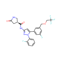 O=C1C[C@H](C(=O)Nc2cc(-c3cc(F)cc(COCC(F)(F)F)c3)n(-c3ccccc3F)n2)CN1 ZINC000169707422