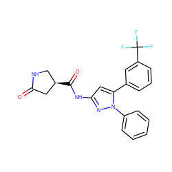 O=C1C[C@H](C(=O)Nc2cc(-c3cccc(C(F)(F)F)c3)n(-c3ccccc3)n2)CN1 ZINC000169706965