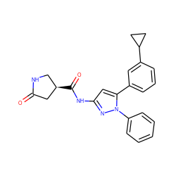 O=C1C[C@H](C(=O)Nc2cc(-c3cccc(C4CC4)c3)n(-c3ccccc3)n2)CN1 ZINC000169707033