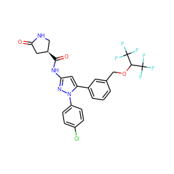 O=C1C[C@H](C(=O)Nc2cc(-c3cccc(COC(C(F)(F)F)C(F)(F)F)c3)n(-c3ccc(Cl)cc3)n2)CN1 ZINC000169707457