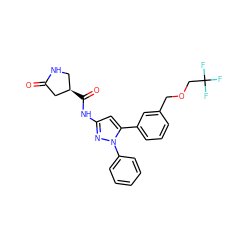 O=C1C[C@H](C(=O)Nc2cc(-c3cccc(COCC(F)(F)F)c3)n(-c3ccccc3)n2)CN1 ZINC000169707196