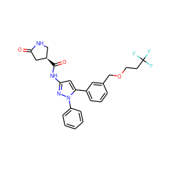 O=C1C[C@H](C(=O)Nc2cc(-c3cccc(COCCC(F)(F)F)c3)n(-c3ccccc3)n2)CN1 ZINC000169707198