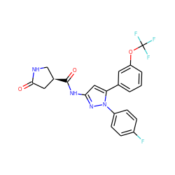 O=C1C[C@H](C(=O)Nc2cc(-c3cccc(OC(F)(F)F)c3)n(-c3ccc(F)cc3)n2)CN1 ZINC000169707407