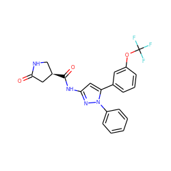 O=C1C[C@H](C(=O)Nc2cc(-c3cccc(OC(F)(F)F)c3)n(-c3ccccc3)n2)CN1 ZINC000169706966