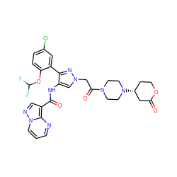 O=C1C[C@H](N2CCN(C(=O)Cn3cc(NC(=O)c4cnn5cccnc45)c(-c4cc(Cl)ccc4OC(F)F)n3)CC2)CCO1 ZINC001772573265