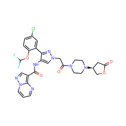 O=C1C[C@H](N2CCN(C(=O)Cn3cc(NC(=O)c4cnn5cccnc45)c(-c4cc(Cl)ccc4OC(F)F)n3)CC2)CO1 ZINC001772630217