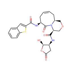 O=C1C[C@H](NC(=O)[C@@H]2COC[C@@H]3CC=CC[C@H](NC(=O)c4cc5ccccc5s4)C(=O)N32)[C@H](O)O1 ZINC000028564636