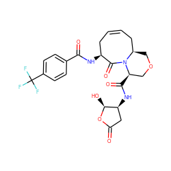 O=C1C[C@H](NC(=O)[C@@H]2COC[C@@H]3CC=CC[C@H](NC(=O)c4ccc(C(F)(F)F)cc4)C(=O)N32)[C@H](O)O1 ZINC000028564621