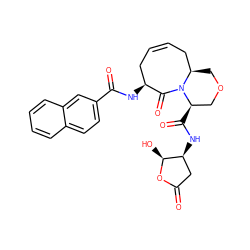 O=C1C[C@H](NC(=O)[C@@H]2COC[C@@H]3CC=CC[C@H](NC(=O)c4ccc5ccccc5c4)C(=O)N32)[C@H](O)O1 ZINC000028564687