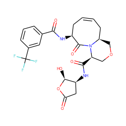 O=C1C[C@H](NC(=O)[C@@H]2COC[C@@H]3CC=CC[C@H](NC(=O)c4cccc(C(F)(F)F)c4)C(=O)N32)[C@H](O)O1 ZINC000028564584
