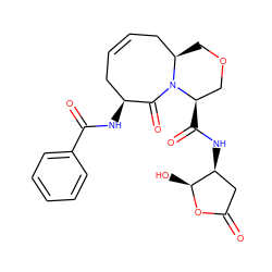 O=C1C[C@H](NC(=O)[C@@H]2COC[C@@H]3CC=CC[C@H](NC(=O)c4ccccc4)C(=O)N32)[C@H](O)O1 ZINC000028564628