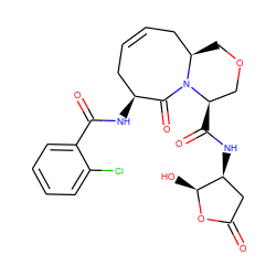 O=C1C[C@H](NC(=O)[C@@H]2COC[C@@H]3CC=CC[C@H](NC(=O)c4ccccc4Cl)C(=O)N32)[C@H](O)O1 ZINC000028564645