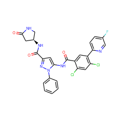 O=C1C[C@H](NC(=O)c2cc(NC(=O)c3cc(-c4ccc(F)cn4)c(Cl)cc3Cl)n(-c3ccccc3)n2)CN1 ZINC001772641282