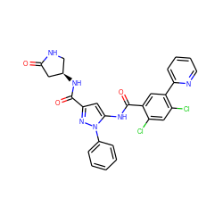 O=C1C[C@H](NC(=O)c2cc(NC(=O)c3cc(-c4ccccn4)c(Cl)cc3Cl)n(-c3ccccc3)n2)CN1 ZINC001772597886