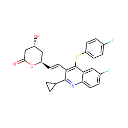 O=C1C[C@H](O)C[C@@H](/C=C/c2c(C3CC3)nc3ccc(F)cc3c2Sc2ccc(F)cc2)O1 ZINC000045375092