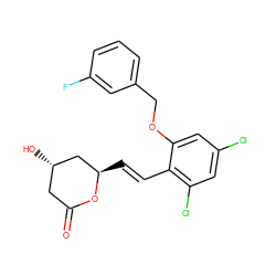 O=C1C[C@H](O)C[C@@H](/C=C/c2c(Cl)cc(Cl)cc2OCc2cccc(F)c2)O1 ZINC000029413136