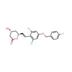 O=C1C[C@H](O)C[C@@H](/C=C/c2c(Cl)cc(OCc3ccc(F)cc3)cc2Cl)O1 ZINC000029410429