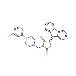 O=C1CC(=C2c3ccccc3-c3ccccc32)C(=O)N1CN1CCN(c2cccc(Cl)c2)CC1 ZINC000013782629