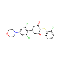 O=C1CC(c2c(Cl)cc(N3CCOCC3)cc2Cl)CC(=O)C1Sc1ccccc1Cl ZINC000473123038