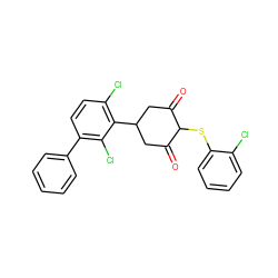 O=C1CC(c2c(Cl)ccc(-c3ccccc3)c2Cl)CC(=O)C1Sc1ccccc1Cl ZINC000473127186