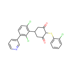 O=C1CC(c2c(Cl)ccc(-c3cccnc3)c2Cl)CC(=O)C1Sc1ccccc1Cl ZINC000473127093