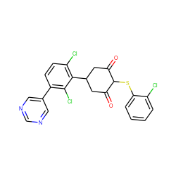 O=C1CC(c2c(Cl)ccc(-c3cncnc3)c2Cl)CC(=O)C1Sc1ccccc1Cl ZINC000473120484