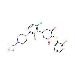 O=C1CC(c2c(Cl)ccc(N3CCN(C4COC4)CC3)c2Cl)CC(=O)C1Sc1ccccc1Cl ZINC000473123157