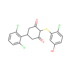 O=C1CC(c2c(Cl)cccc2Cl)CC(=O)C1Sc1cc(O)ccc1Cl ZINC000473128434