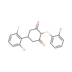 O=C1CC(c2c(F)cccc2Cl)CC(=O)C1Sc1ccccc1Cl ZINC000299830587