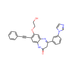 O=C1CC(c2cccc(-n3ccnc3)c2)=Nc2cc(OCCO)c(C#Cc3ccccc3)cc2N1 ZINC000101136212